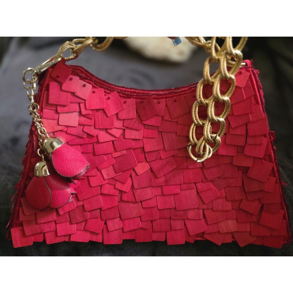 Vintage UNIQUE Emerald Foz Masbad WOOD Red Sequin ShingleStyle HandBag PURSE EuC